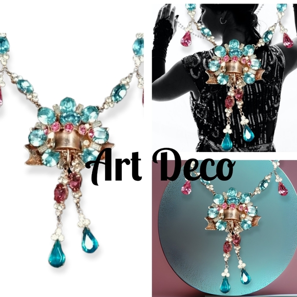 Vintage 1920s Art Deco Couture Rose Gold Aquamarine Crystal Fringe Necklace - Picture 1 of 12